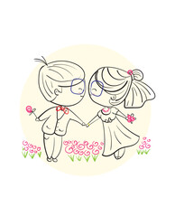 Happy couples dancing on bright days, Hand drawn  Illustration in sketch doodle style.
