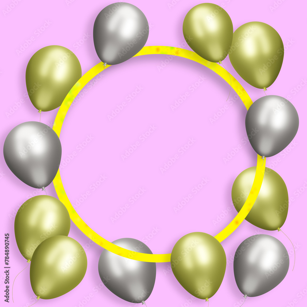 Poster Golden frame with gold and silver balloons on pink background. Empty space for text. 3d rendering