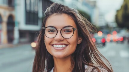 Beautiful young woman smiling wearing glasses - obrazy, fototapety, plakaty