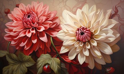 Two white and red flowers are painted on a canvas