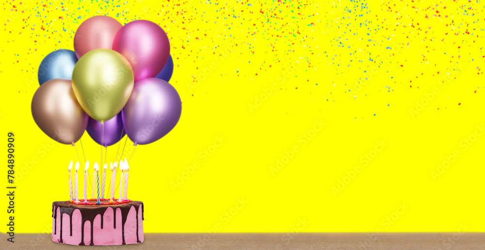 Poster birthday cake with bunch of colorful balloonson yellow background with confetti. empty space for tex