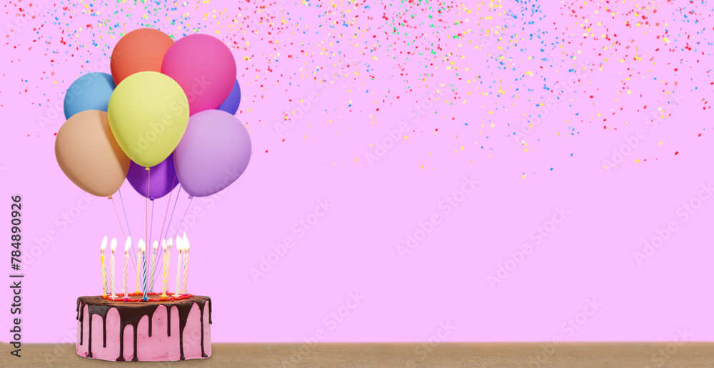 Poster Birthday cake with bunch of colorful balloons on pink background with confetti. Empty space for text. 3d rendering