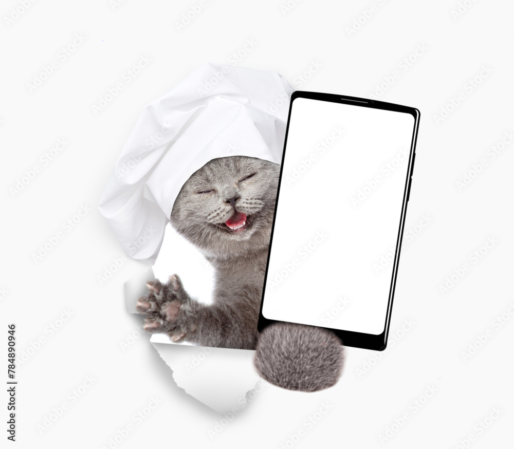 Poster happy cat wearing chef's hat looks through a hole in white paper and shows smartphone with white bla