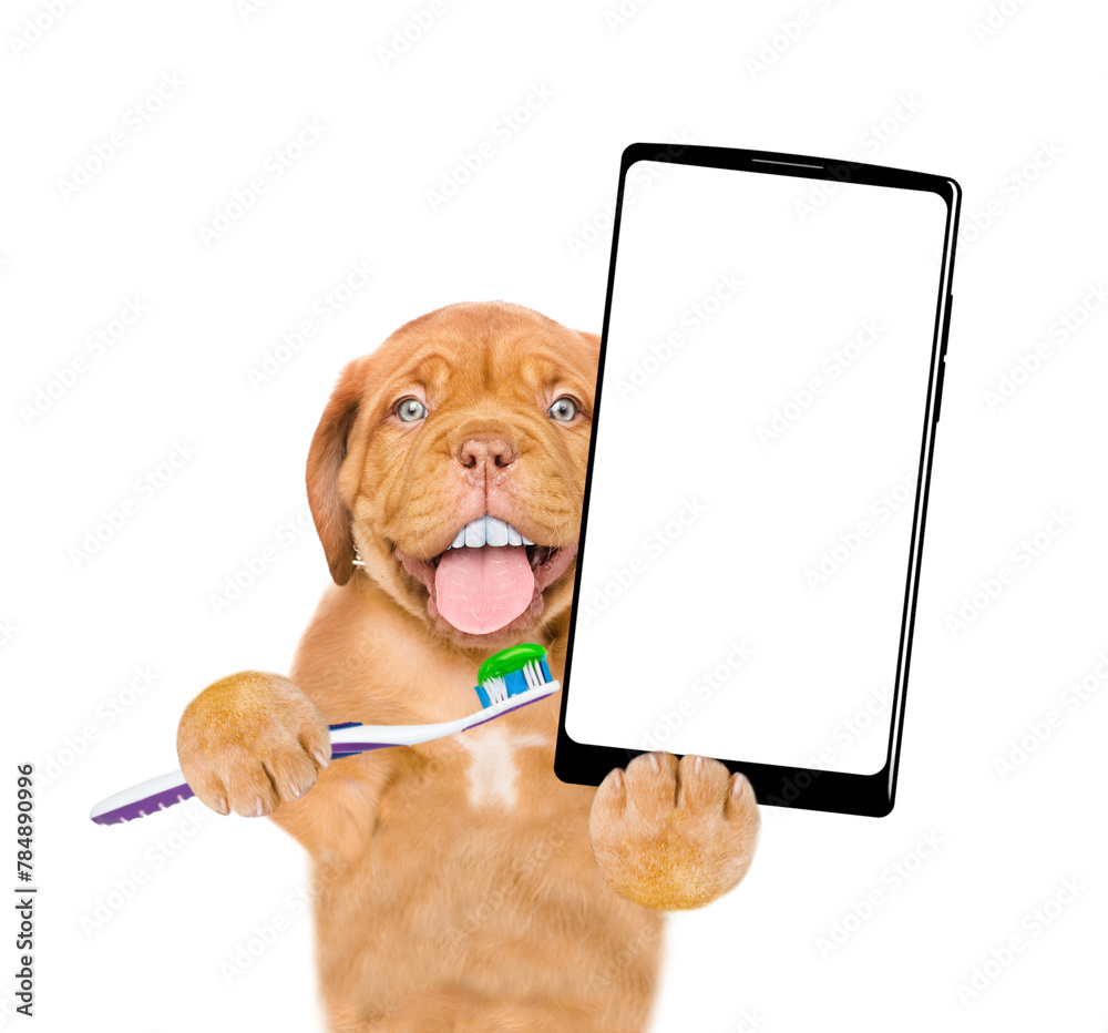 Aufkleber mastiff puppy with funny big teeth holds the toothbrush with toothpaste and holds big smartphone wit