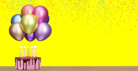 Birthday cake with bunch of colorful balloonson yellow background with confetti. Empty space for text