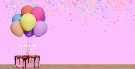 Birthday cake with bunch of colorful balloons on pink background with confetti. Empty space for text. 3d rendering