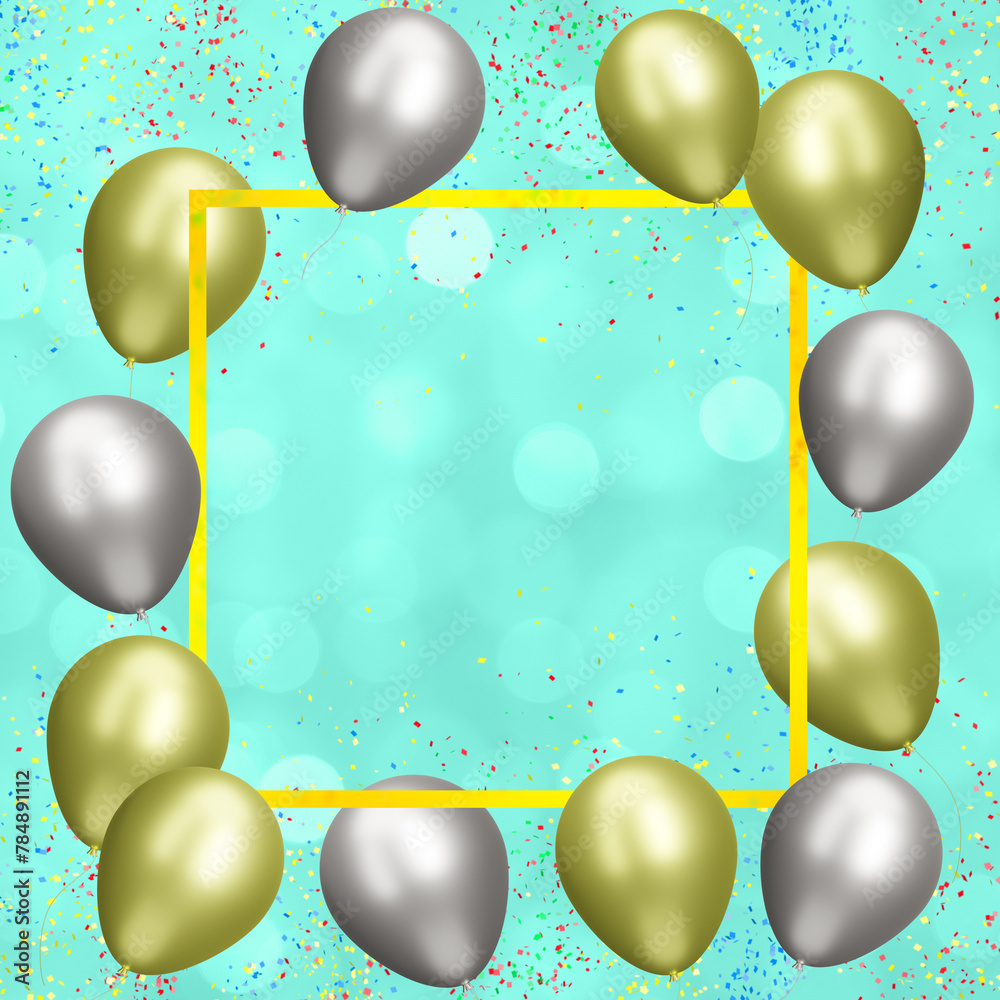 Poster Yellow frame with gold and silver balloons on blurred green background with confetti. Empty space for text. 3d rendering