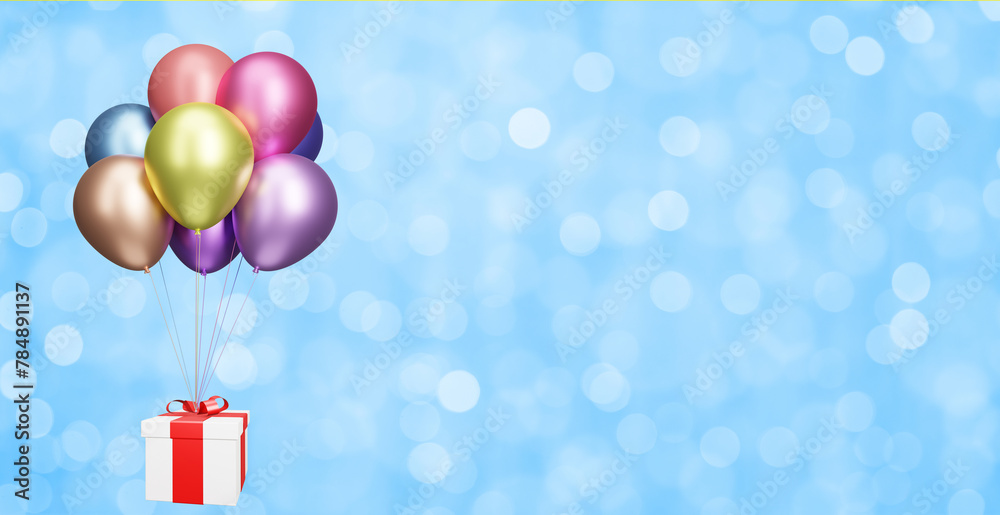 Poster Flying gift box with multicolored shiny balloons on blurred blue background with confetti. 3d rendering. Empty space for text