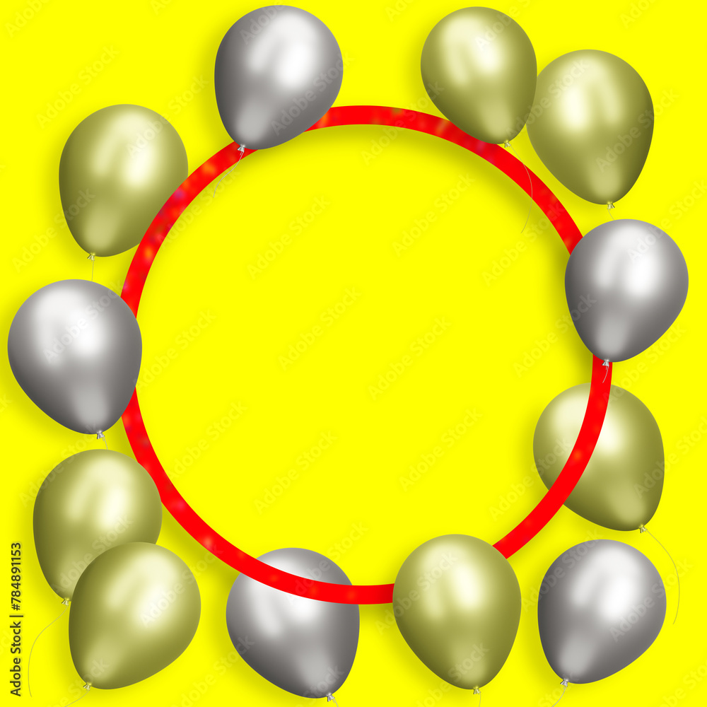 Aufkleber Red round frame with gold and silver balloons on yellow background. Empty space for text. 3d rendering