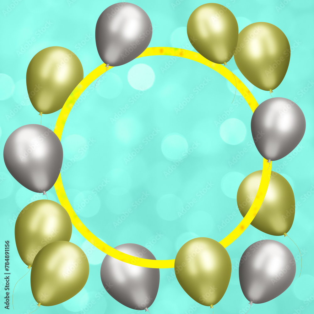 Poster golden frame with gold and silver balloons on blurred aquamarine background. empty space for text. 3