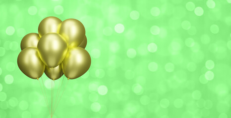 Bunch of gold balloons on blurred aquamarine or green background. Empty space for text. 3d rendering
