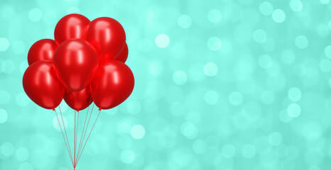 Bunch of red balloons on blurred aquamarine background. Empty space for text. 3d rendering