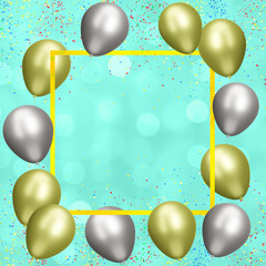 Yellow frame with gold and silver balloons on blurred green background with confetti. Empty space for text. 3d rendering