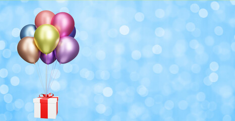 Flying gift box with multicolored shiny balloons on blurred blue background with confetti. 3d rendering. Empty space for text