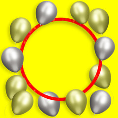 Red round frame with gold and silver balloons on yellow background. Empty space for text. 3d rendering