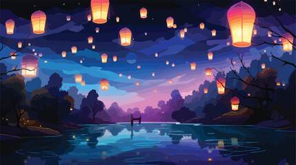 Whimsical garden of floating lanterns illuminating