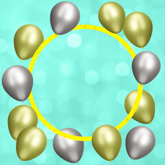 Golden frame with gold and silver balloons on blurred aquamarine background. Empty space for text. 3d rendering