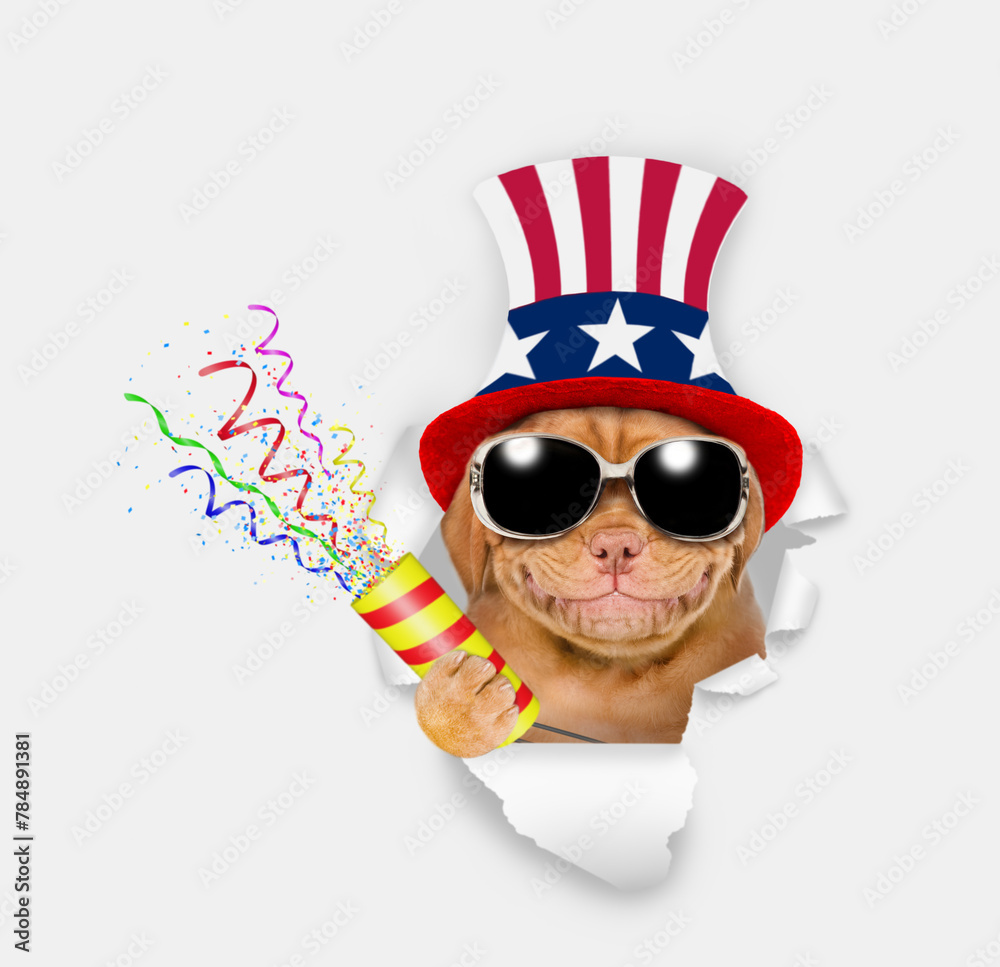 Poster happy mastiff puppy wearing like uncle sam explodes a firecracker through the hole in white paper