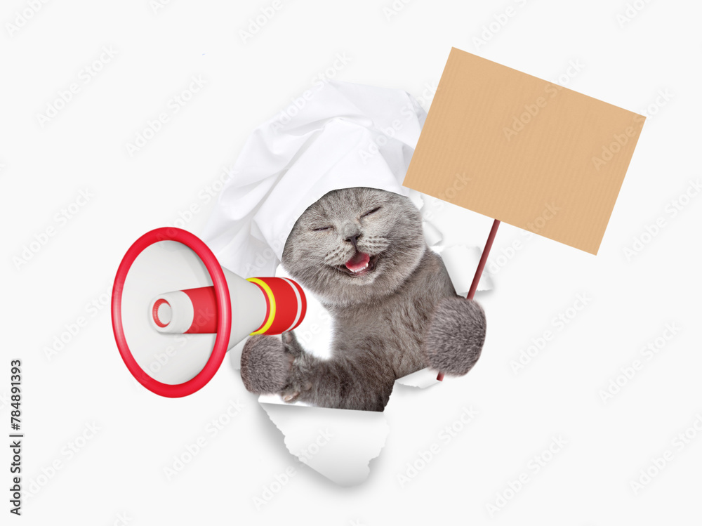 Aufkleber happy cat wearing chef's hat looking through the hole in white paper meowing into the megaphone and 