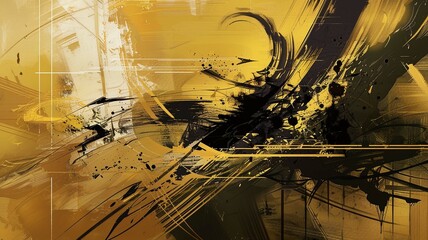 Japanese abstract illustration as if drawn in black ink on a gold folding screen