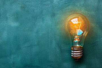 A simple image featuring a bright light bulb held in a hand against a wall background, showcasing a concept of creativity, innovation, and inspiration with a focus on energy and ideas - obrazy, fototapety, plakaty
