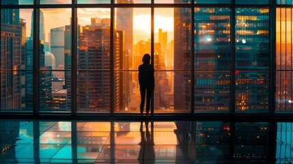 A cinematicstyle portrait of a person standing confidently in front of a floortoceiling window looking out at a bustling urban cityscape. The image reflects the dynamic and forwardthinking . - obrazy, fototapety, plakaty