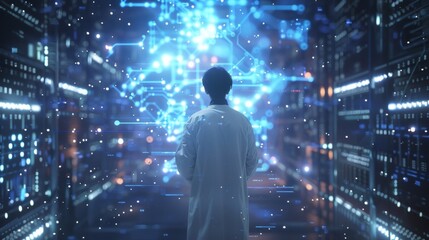 A figure in a white lab coat stands with their back to the camera studying a holographic projection of a complex digital circuit completely . .