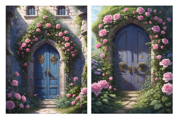 Fototapeta na wymiar 2 Vintage Romantic Fairy Tale Door Illustrations with lots of Flowers on Transparent Background - generative AI