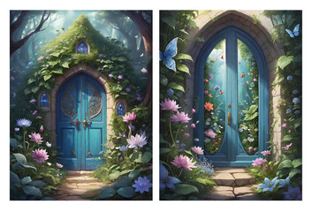 2 Vintage Romantic Fairy Tale Door Illustrations with lots of Flowers on Transparent Background - generative AI