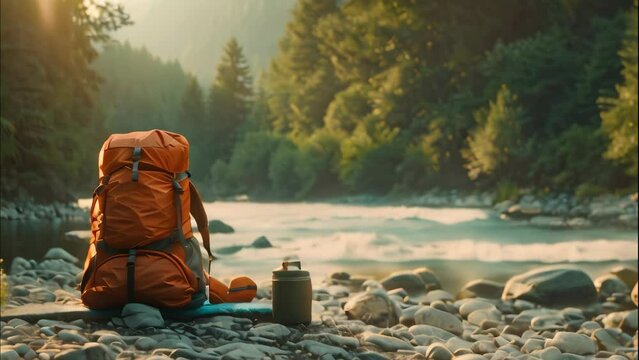 Camping backpack on stones near river. 4k video animation