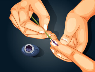 Vector illustration of an electoral officer applying electoral stain ink on the index finger. Vector of blue finger in Election ink bottle. Election and Social Poll Concept - obrazy, fototapety, plakaty