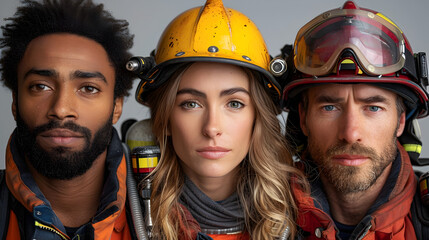 Fototapeta premium Firefighter, Construction Worker, and Mountain Climber Unite in a Diverse Studio Portrait
