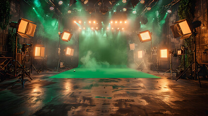 Film Studio with Professional Equipment and Green Screen for Cinematic Production