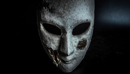 Mask, white, ragged, rust, scary, horror, suspicious, crumbling, close-up, black background
