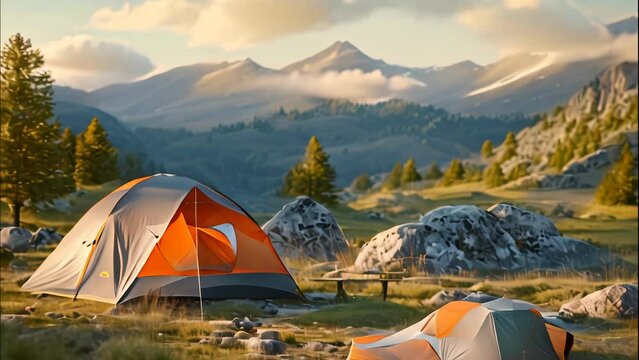 Camping equipment near tent with sleeping bag. 4k video animation