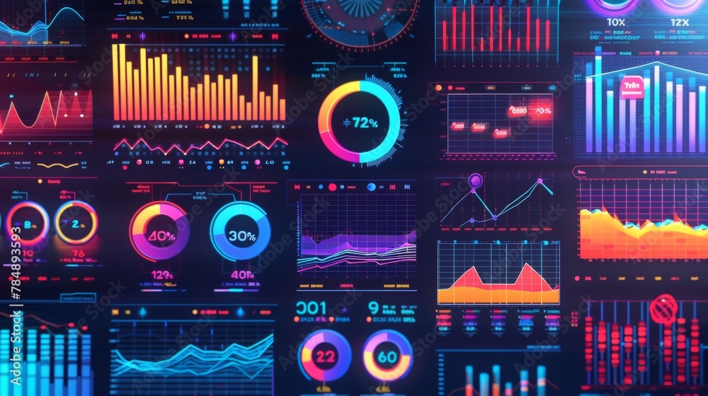 Poster a background filled with colorful charts, graphs, and data visualizations representing business anal