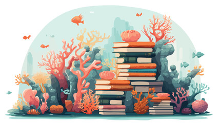 Whimsical underwater library filled with books made