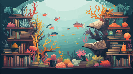 Whimsical underwater library filled with books made