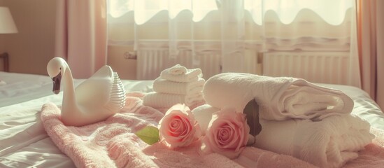 A bed adorned with towels, delicate flowers, a swan, and a swan figurine creating an elegant display - obrazy, fototapety, plakaty