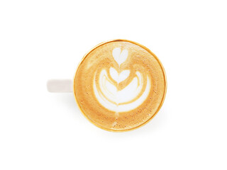 Top view, flat lay hot latte coffee with art heart shape in white ceramic mug with brown rim isolated on whithe background. space for your text.
