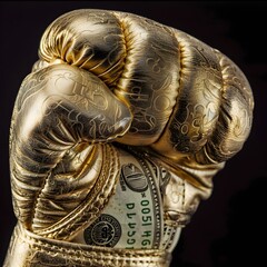 Surrealism in Studio Gold Boxing Glove Fist Punching Through a Dollar Bill Generative ai