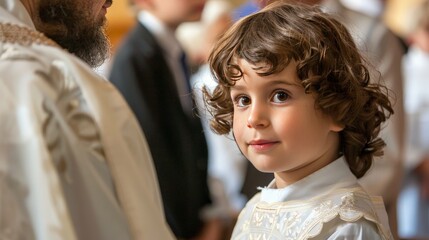 A child undergoing a religious rite of passage, surrounded by family and clergy, marking an important spiritual milestone in their life.