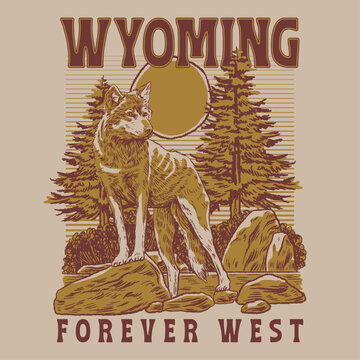 HAND DRAWN WYOMING WOLF USA AMERICA NATURE ANIMAL TRAVEL DESTINATION FOREST MOUNTAIN OUTDOORS VINTAGE TSHIRT TEE PRINT FOR APPAREL MERCHANDISE