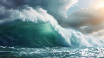 Fototapeta premium A powerful ocean wave, with its majestic and dynamic shape, symbolizing the power of nature's elements. For Design, Background, Cover, Poster, Banner, PPT, KV design, Wallpaper