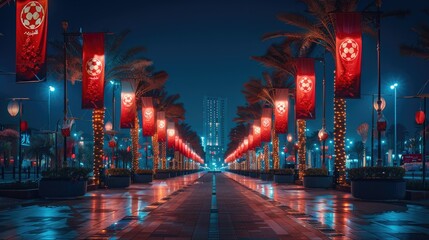 Cityscape of Saudi Arabia adorned with vibrant red soccer ball banners hanging from elegant lamp posts - obrazy, fototapety, plakaty