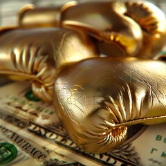 Gold Boxing Gloves Punching Through Stacked Dollar Bills A Surreal Expression of Wealth and Power Generative ai