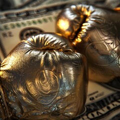 Gold Boxing Gloves Punching Through Stack of Dollar Bills on Table Surrealism Photography Generative ai