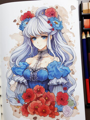 A beautiful and elegant anime girl with long white hair, wearing a blue lace dress adorned with red flowers in her shoulder-length hair