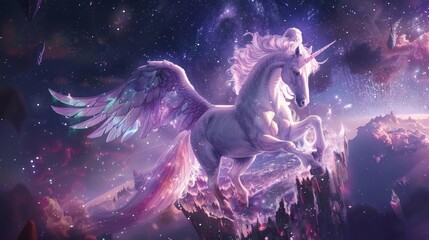 In a celestial realm filled with stars and constellations a majestic Pegasus with a luminous lavender mane spreads its wings atop . . - obrazy, fototapety, plakaty