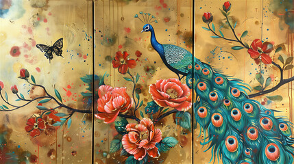 Oil painting, 3 panels, gold butterflies, flowers and a peacock feather